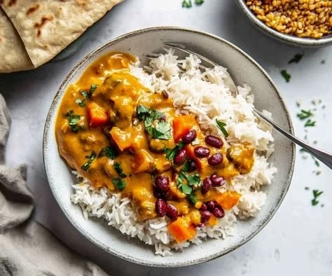 Delicious Vegan Lentil Pumpkin Curry served in a bowl with fresh herbs.