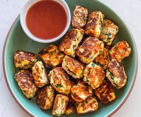 Deliciously crispy Vegetable Ricotta Fritters served with dipping sauce.