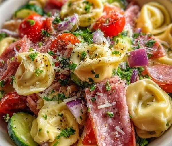 Colorful vibrant tortellini salad with fresh vegetables