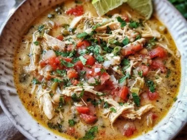 Delicious bowl of White Chicken Chili topped with cilantro and avocado.