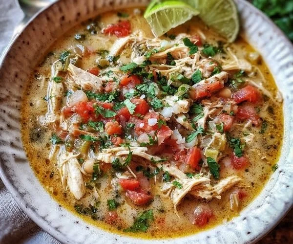 Delicious bowl of White Chicken Chili topped with cilantro and avocado.
