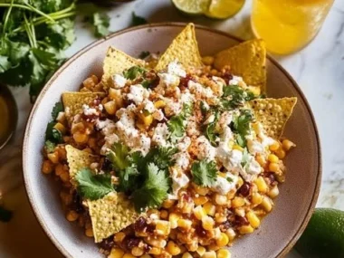 Creamy zesty Mexican corn dip served in a bowl with tortilla chips