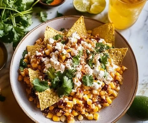Creamy zesty Mexican corn dip served in a bowl with tortilla chips