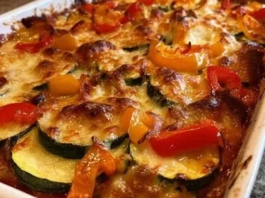 Healthy Zucchini Pizza Casserole served in a dish with fresh toppings.