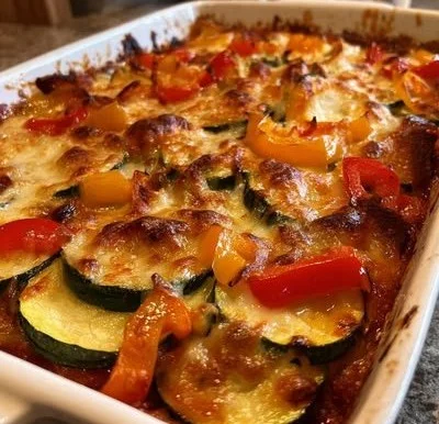 Healthy Zucchini Pizza Casserole served in a dish with fresh toppings.